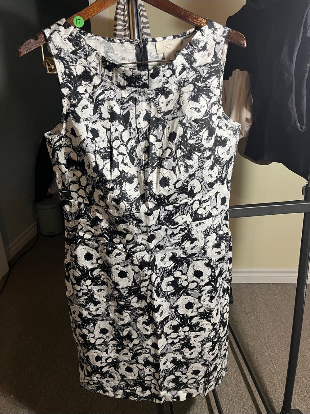 LOFT Black and White Floral Midi Sheath Dress